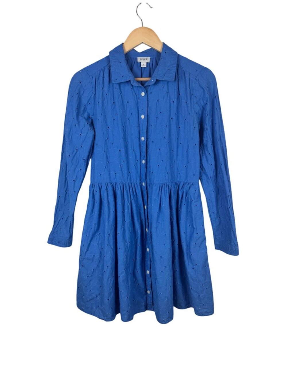 J.Crew Blue Eyelet Collared Mini Shirtdress Embroidered Long-Sleeve Size 4
